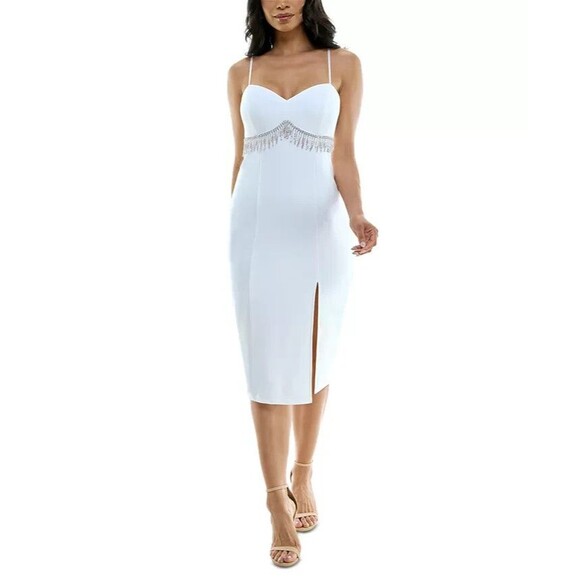 Emerald Sundae Women’s Scuba Crepe Rhinestone Fringe Bodycon Dress, Ivory, M - Picture 1 of 1